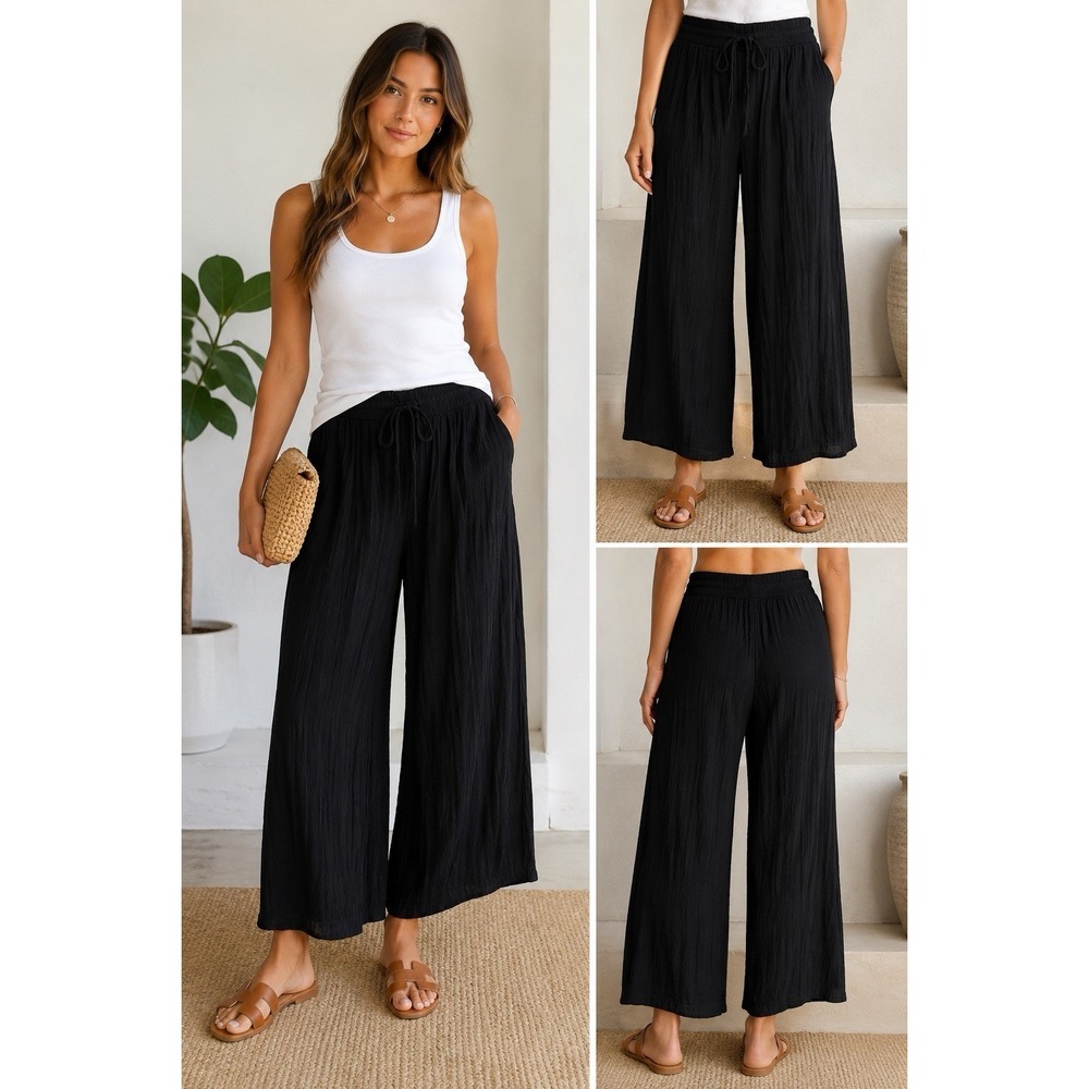 Joie Wide Leg Pants Womens Large Black Elastic Waist Drawstring Capsule Neutral